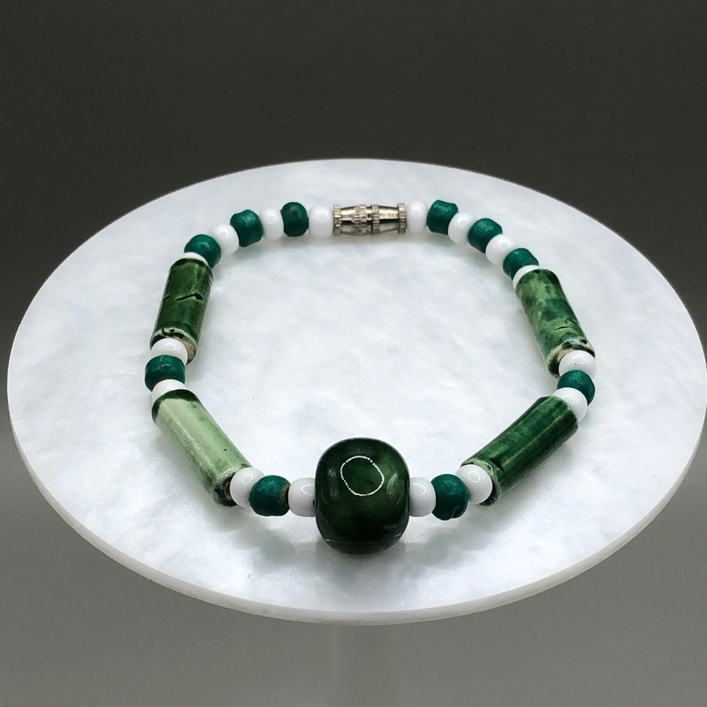 Vintage artisan handmade green ceramic bracelet boho great for layering.